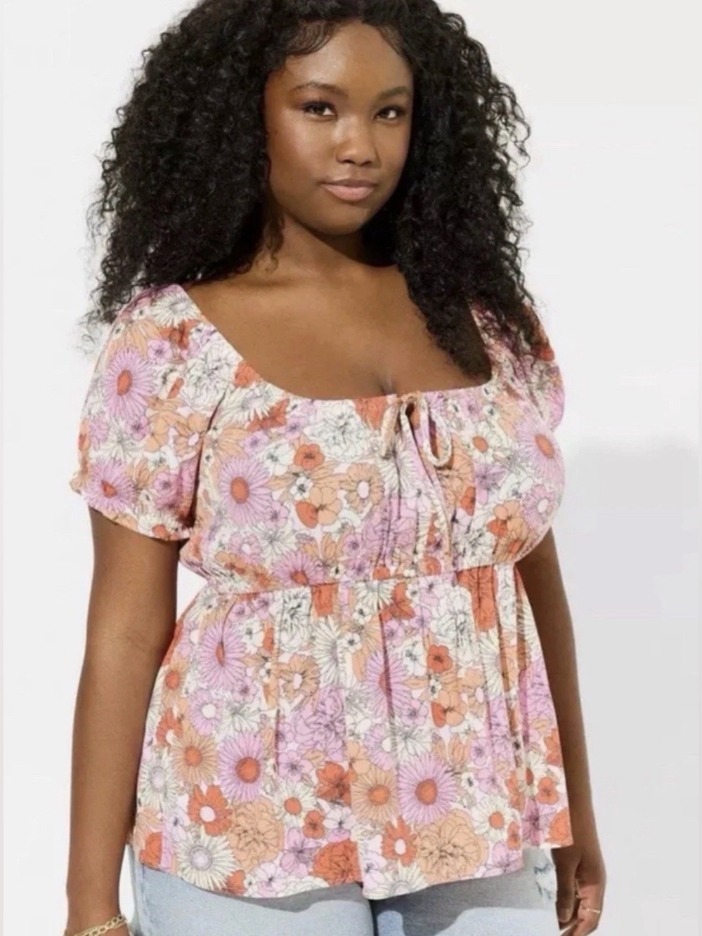 Torrid Babydoll Crinkle Gauze Tie Front Top Floral Size 00 M/L Short Sleeve New